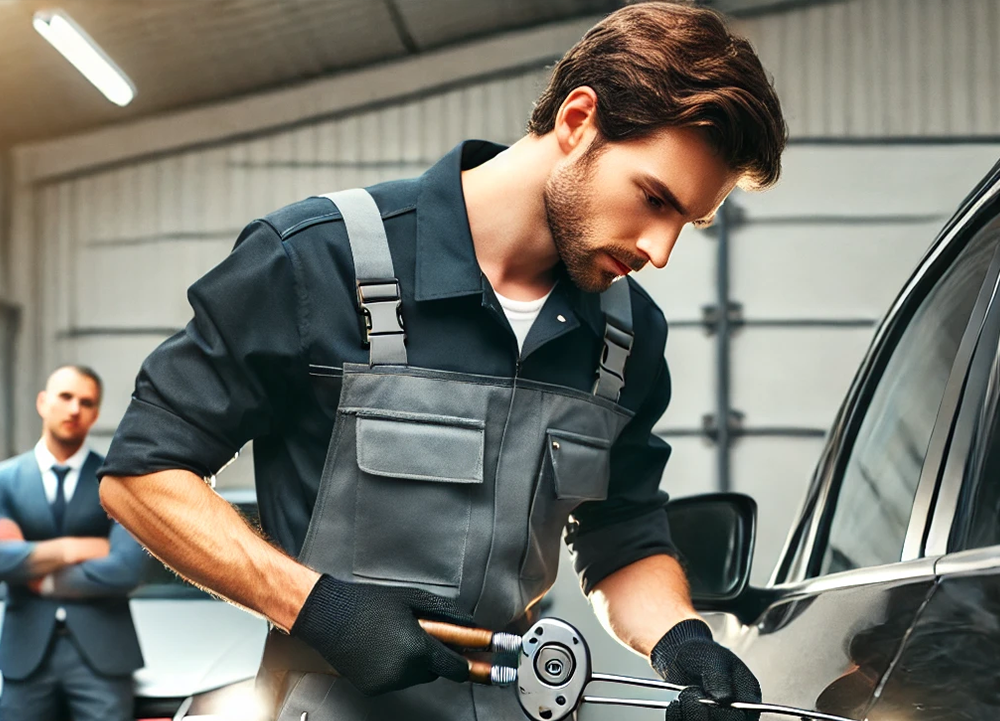 Car key replacement service by auto locksmith on-site Automotive locksmith unlocking car door during emergency lockout