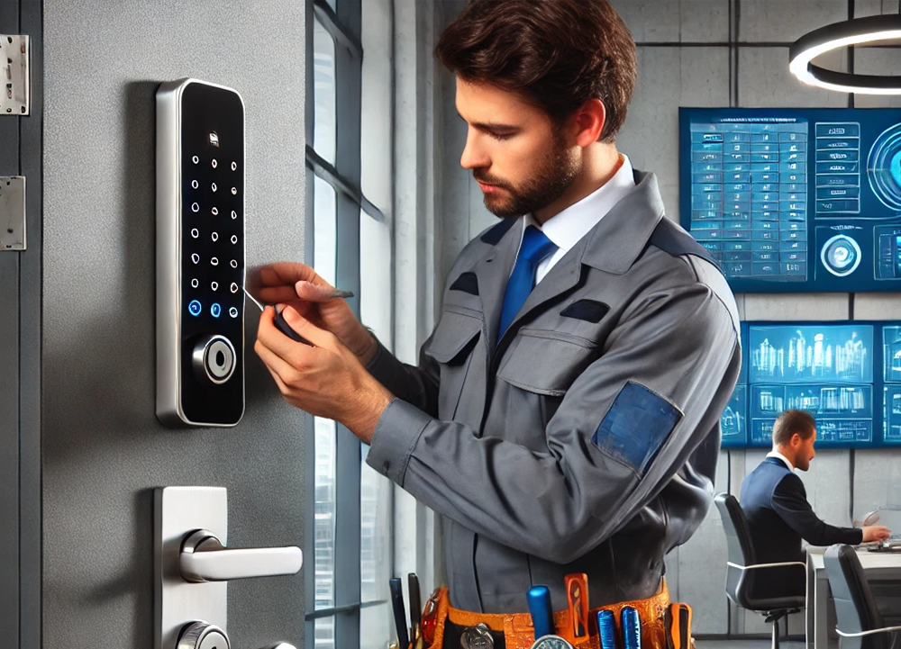 Business lock rekeying service by professional locksmith Commercial locksmith installing high-security lock on office door