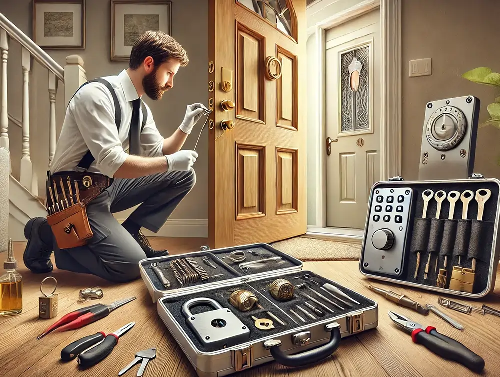 Home lock rekeying service by professional locksmith Residential locksmith installing new deadbolt on front door